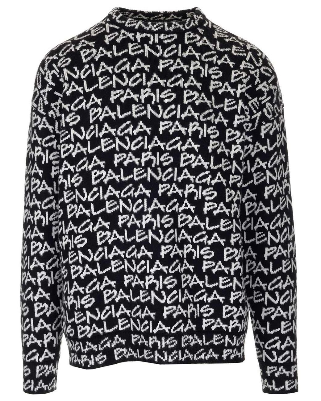 Balenciaga Cotton All Over Logo Crewneck Sweater in Black for Men - Lyst