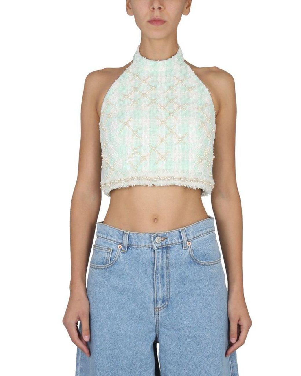 Balmain Crop Top With Pearls in Blue | Lyst Canada