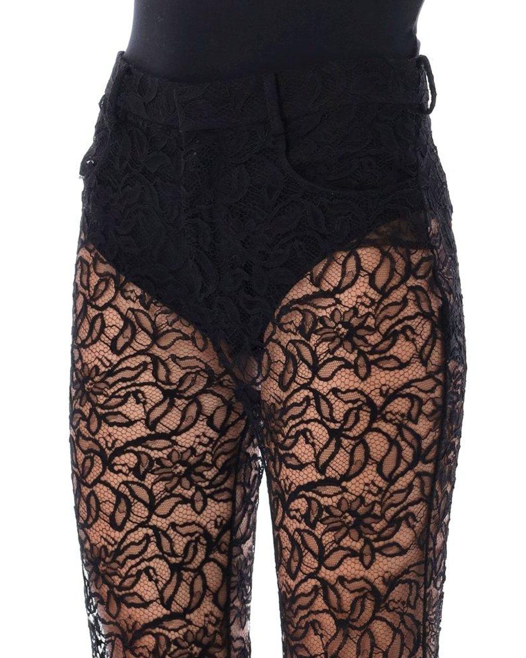 Saint Laurent Lace Detailed Straight Leg Trousers in Black