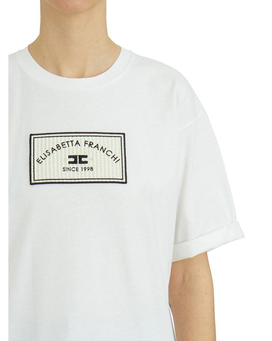 【関税・送料込み】ELISABETTA FRANCHI WHITE COTTON T-SHIRT Elisabetta Franchi Cotton T-Shirt With Logo Patch in White