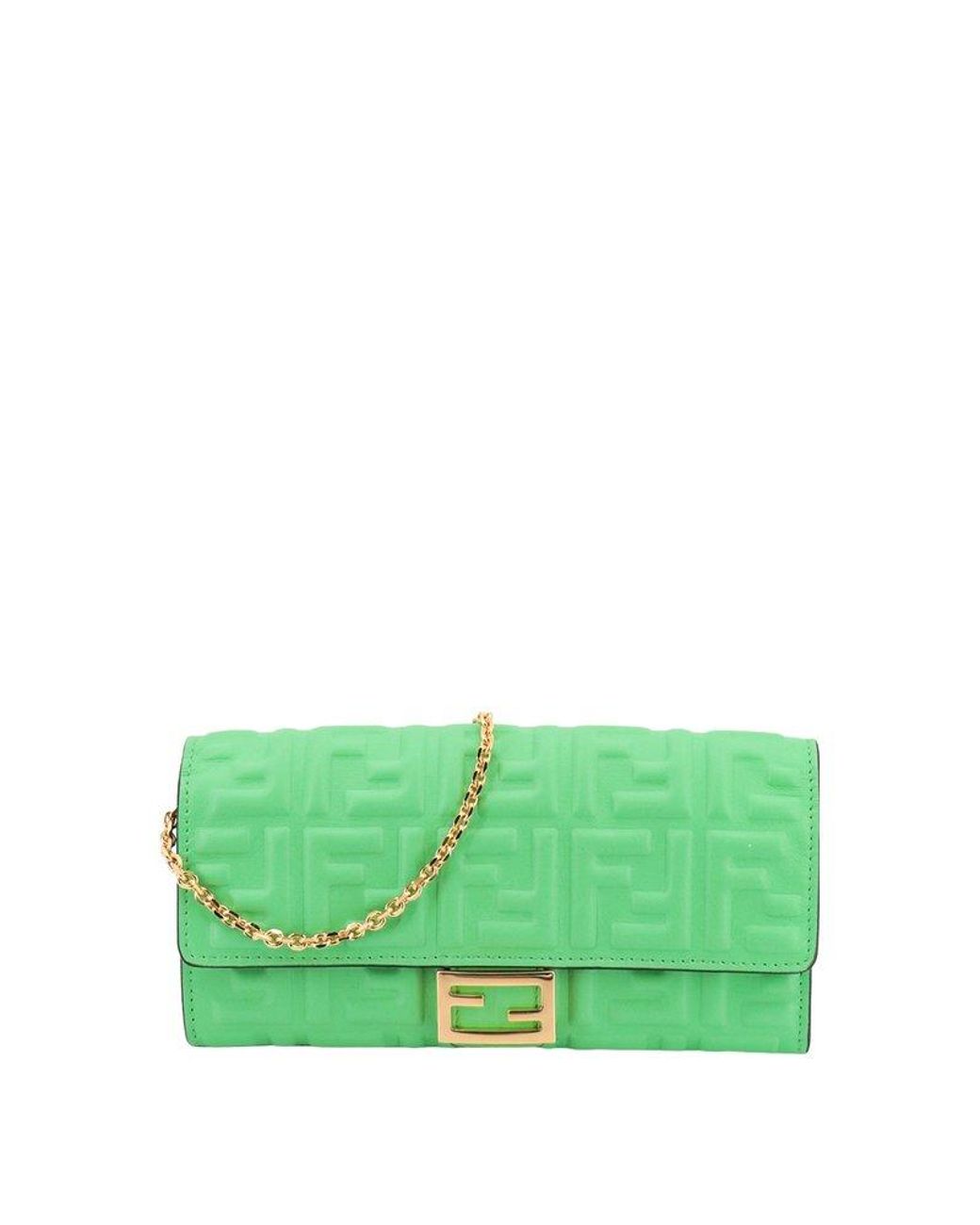 Fendi Baguette Leather Wallet On Chain in Green