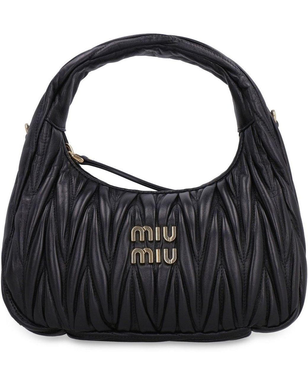 Miu Miu Wander Matelassé Logo Plaque Mini Hobo Bag in Black | Lyst