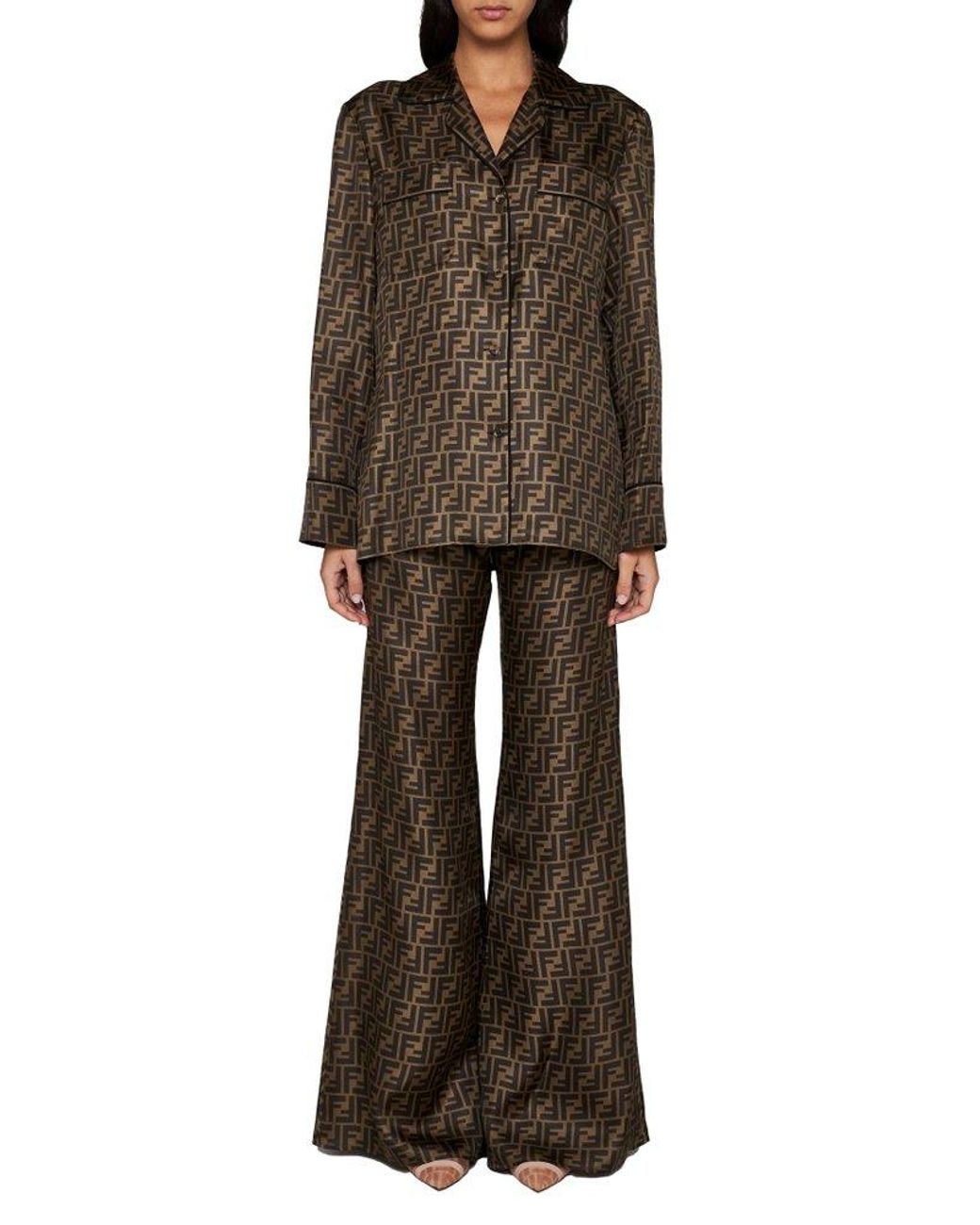 Fendi Ff Print Silk Trousers in Brown | Lyst