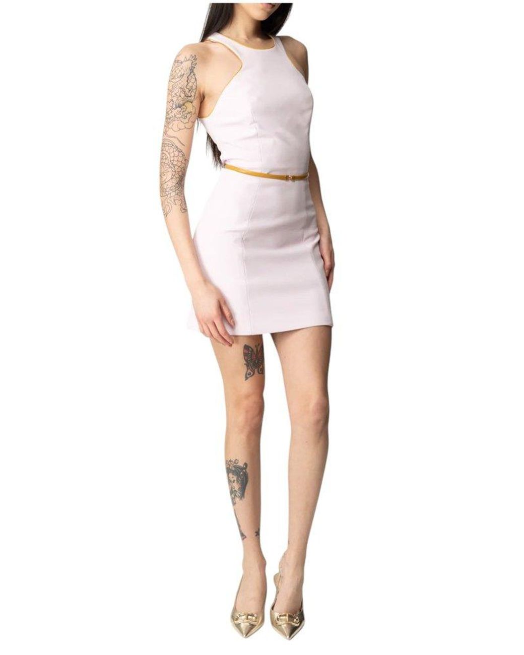 パーティードレス ELISABETTA FRANCHI Crepe dress with contrasting belt Elisabetta Franchi Contrasted Belt Crêpe Dress in Blue | Lyst