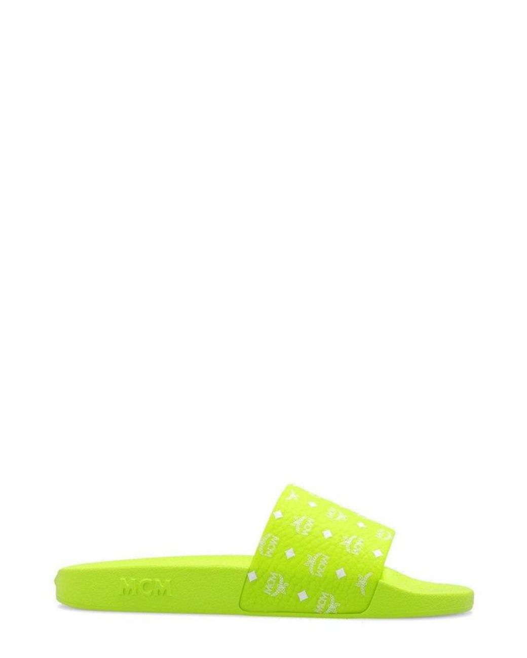 MCM Monogram Printed Pool Slides in Green Lyst