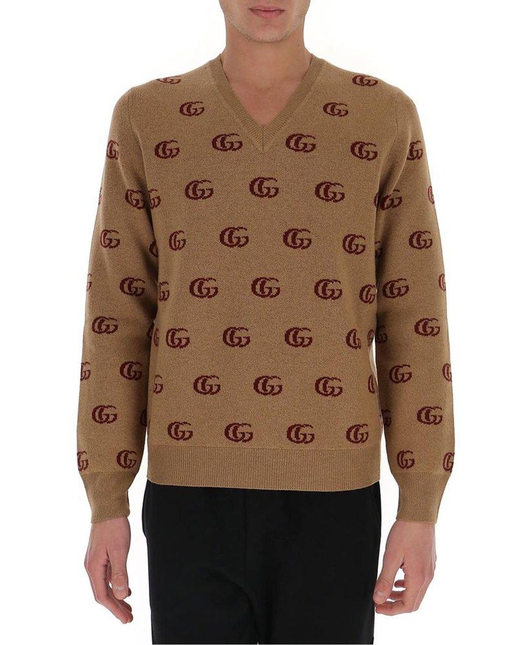 Gucci Wool Double G Jacquard V-neck Jumper in Brown for Men | Lyst