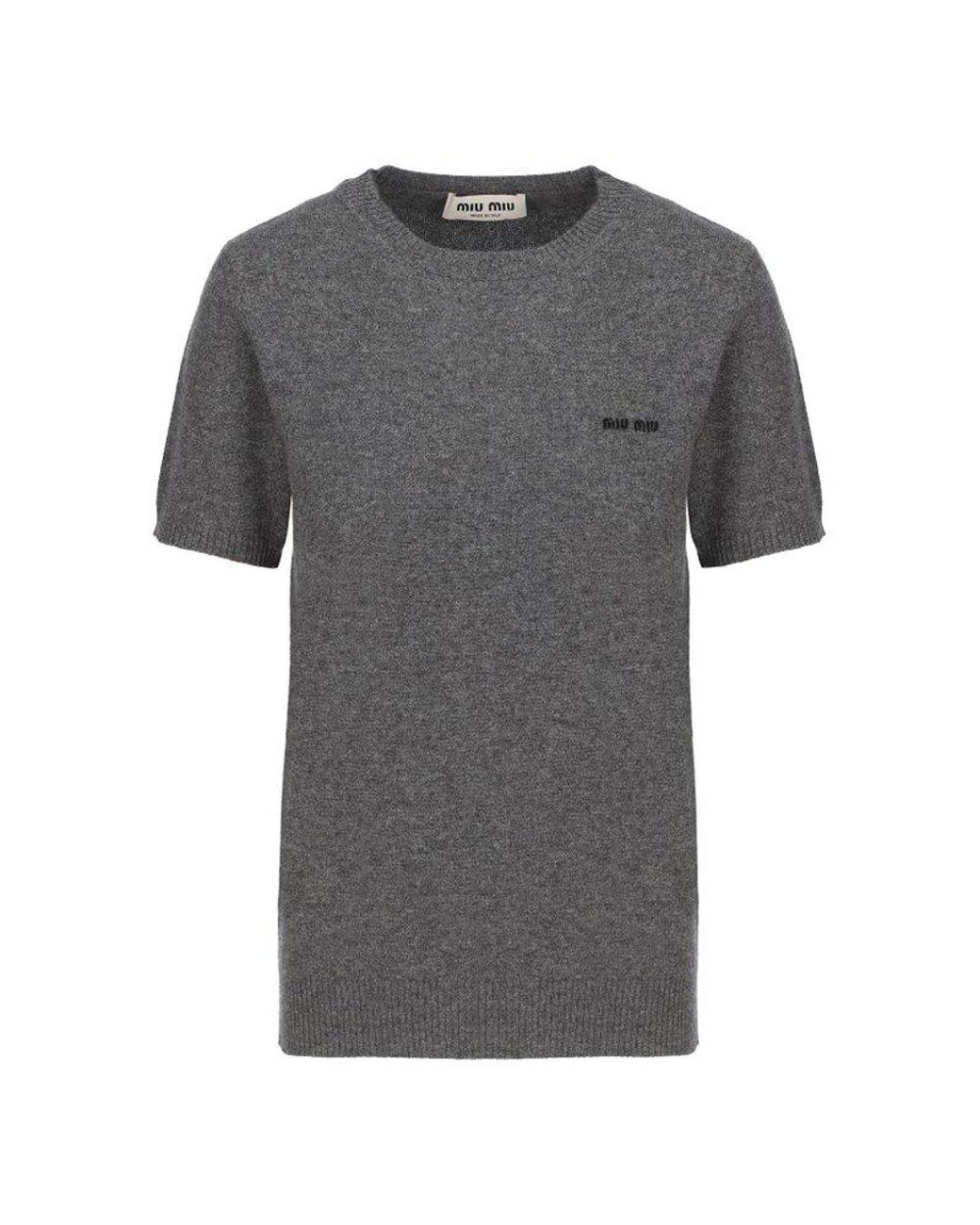 Miu Miu Logo Embroidered Crewneck Knitted T-shirt in Gray | Lyst Miu Miu Logo Embroidered Crewneck Knitted T-shirt in Gray | Lyst