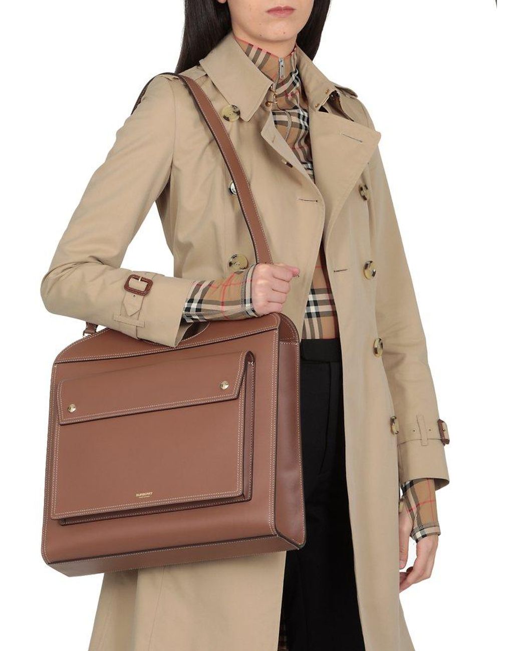 Burberry Pocket Topstitch Detail Medium Tote Bag in Brown Lyst