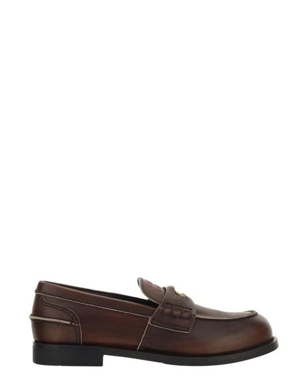Miu Miu Leather Logo Detailed Slip-on Penny Loafers in Brown | Lyst Canada