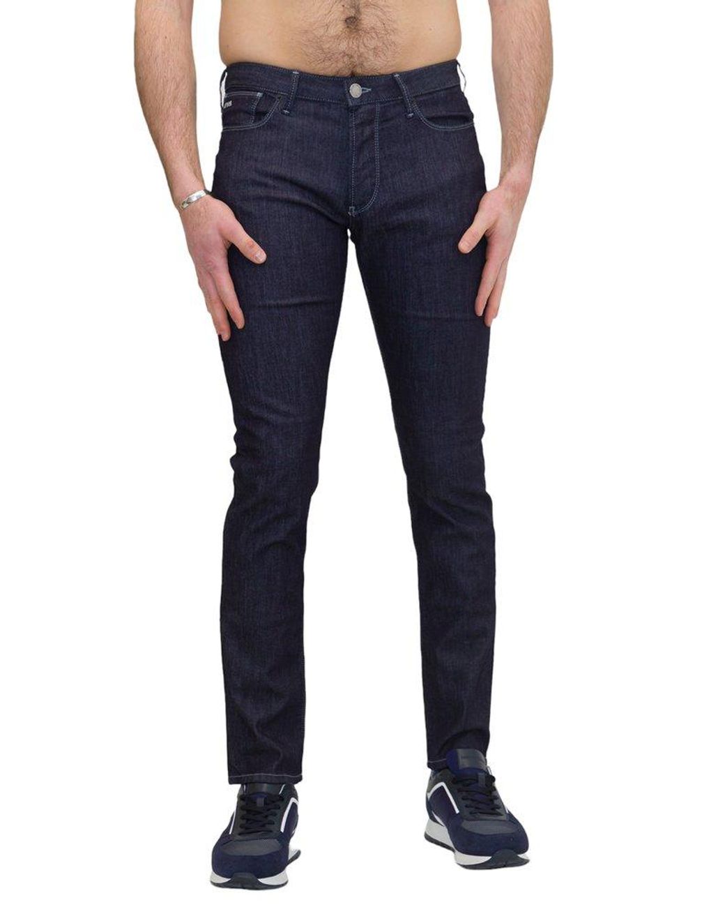 HUGO - Denim regular-fit jeans with stacked-logo jacquard