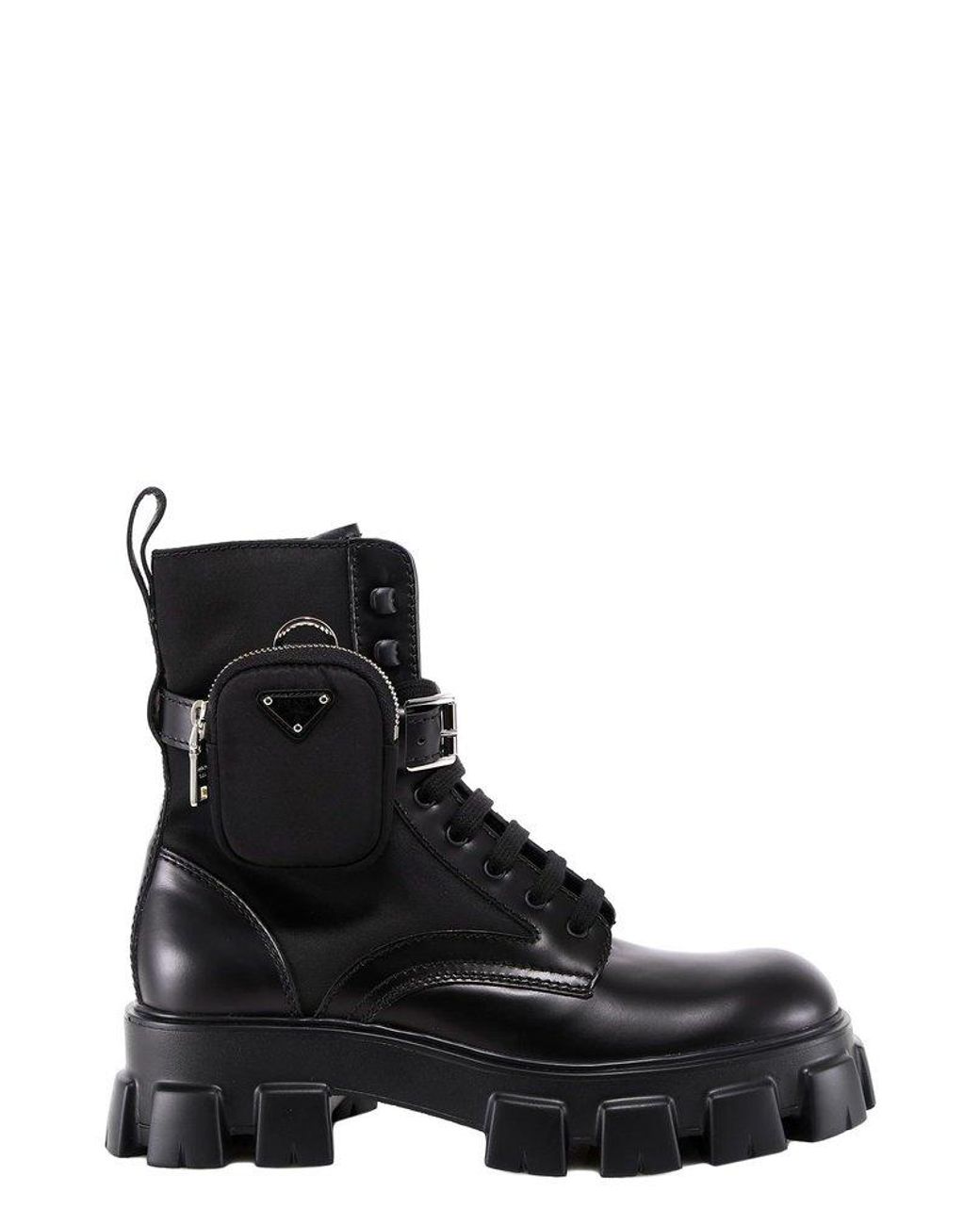Prada Strapped Pouch Combat Boots in Black for Men | Lyst