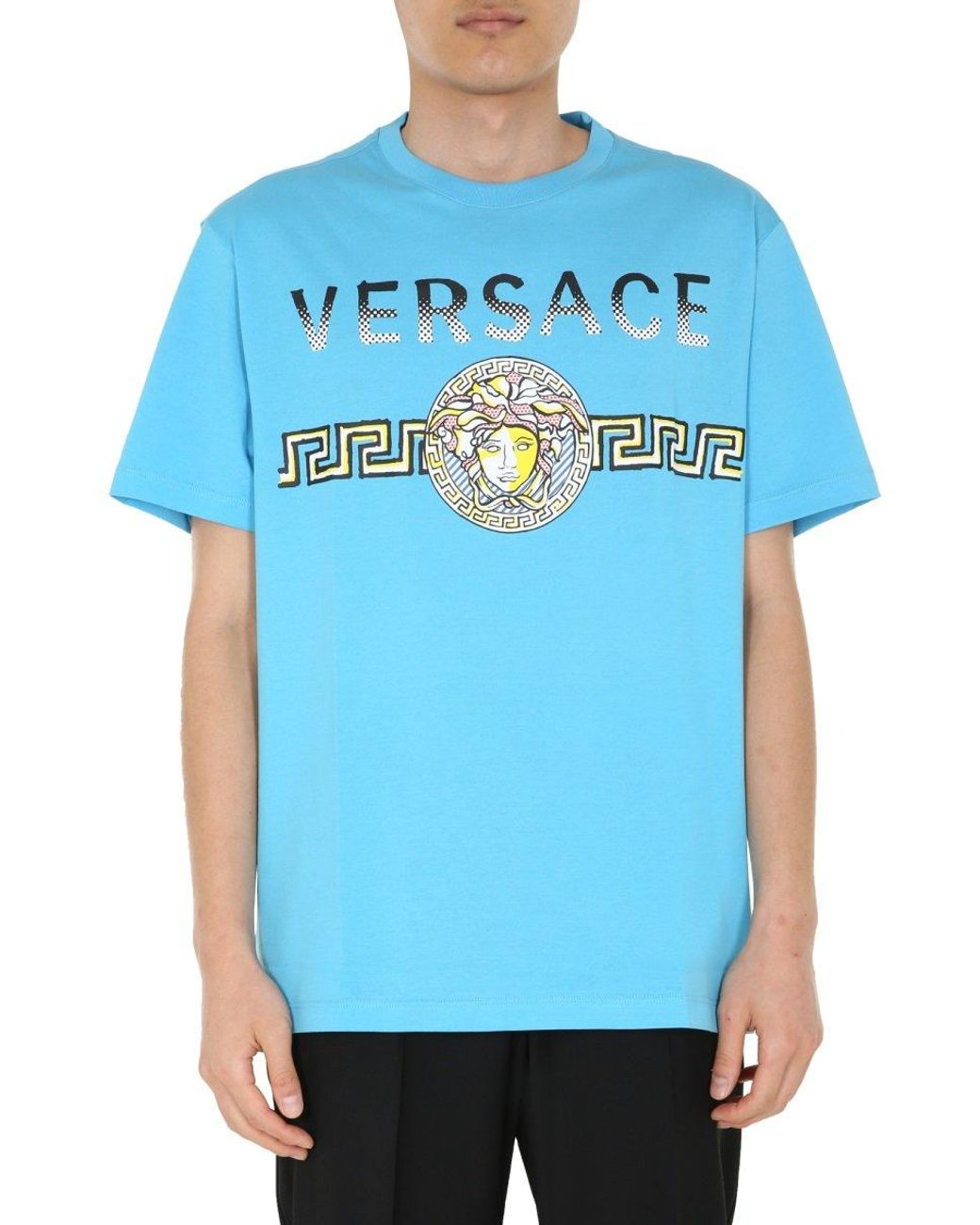 Versace Cotton Logo Print T-shirt in Blue for Men - Lyst