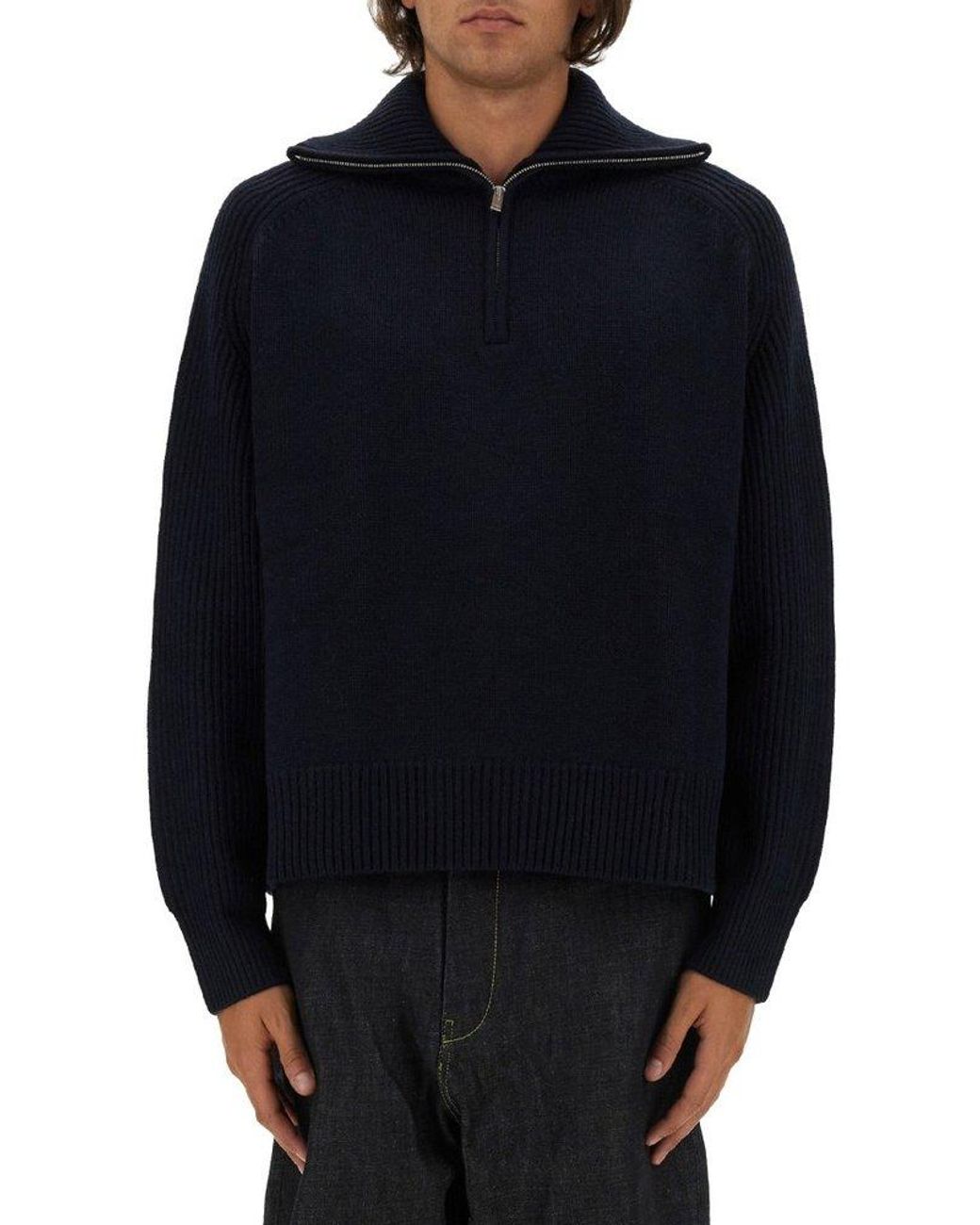 【STUDIO NICHOLSON】BIG KNIT JUMPER Studio Nicholson Level Knitted Zip Detailed Jumper in Blue