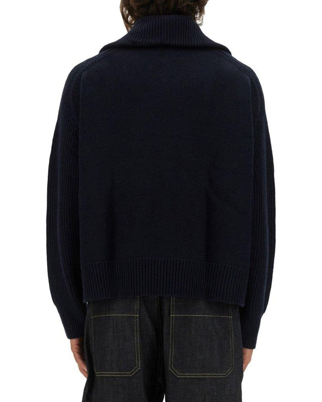 Studio Nicholson Level Knitted Zip Detailed Jumper in Blue