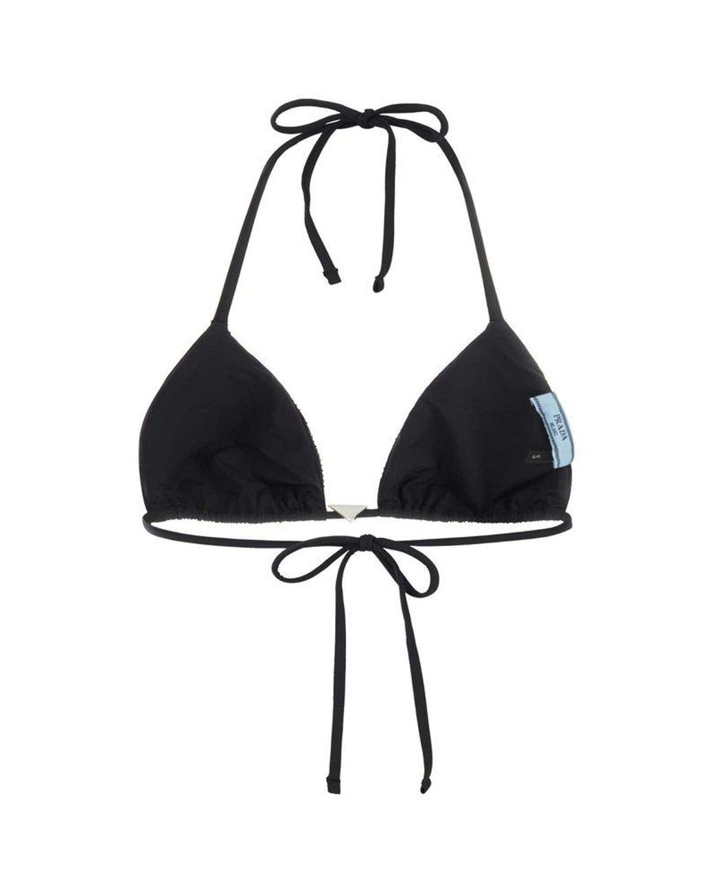 Prada Logo Plaque Strapped Bikini Top in Black | Lyst