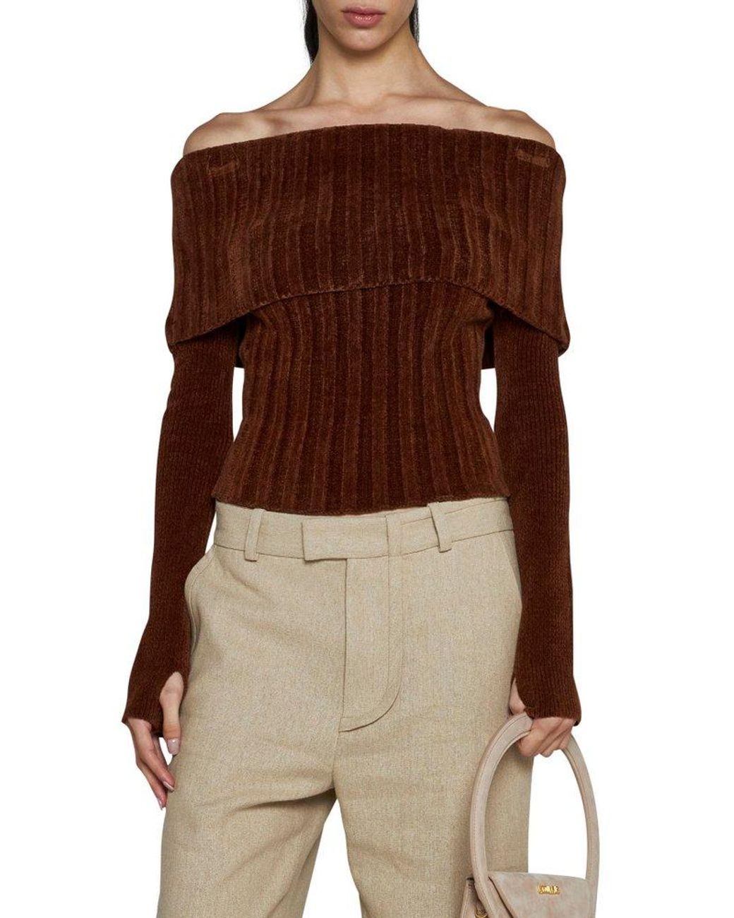 Jacquemus Off-shoulder Long-sleeved Knitted Jumper in Brown | Lyst