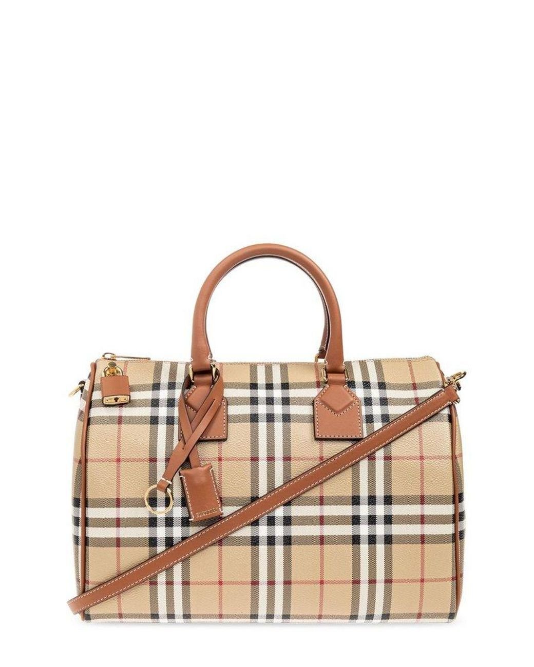 トートバッグ BURBERRY CHECKED ZIPPED BOWLING TOTE BAG Burberry Checked Zipped Bowling Tote Bag in Natural | Lyst