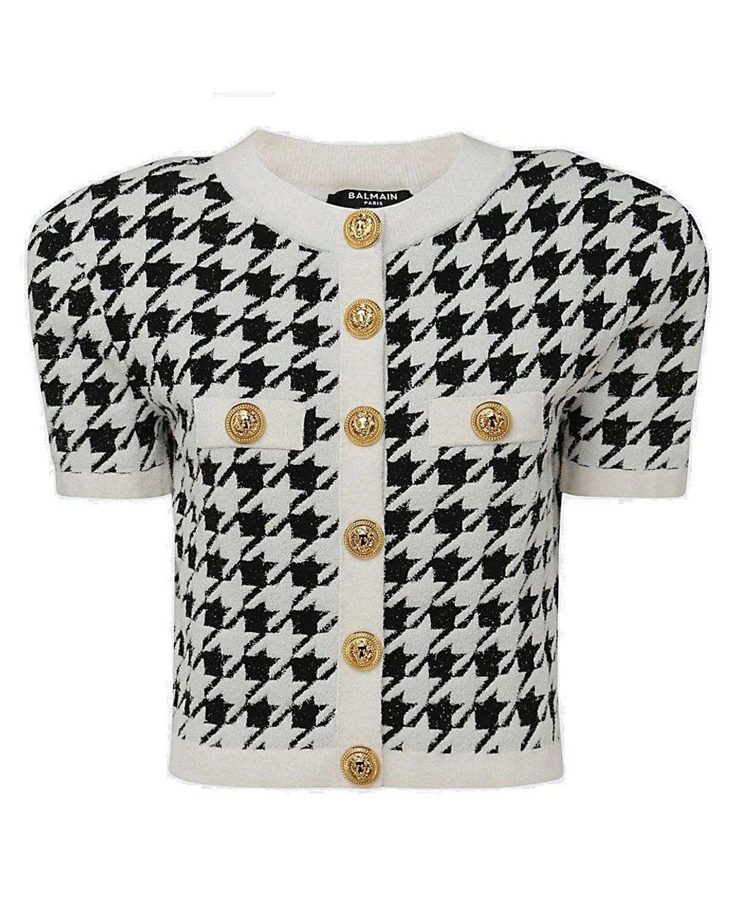 Balmain Houndstooth Printed Cropped Knit Cardigan in Black