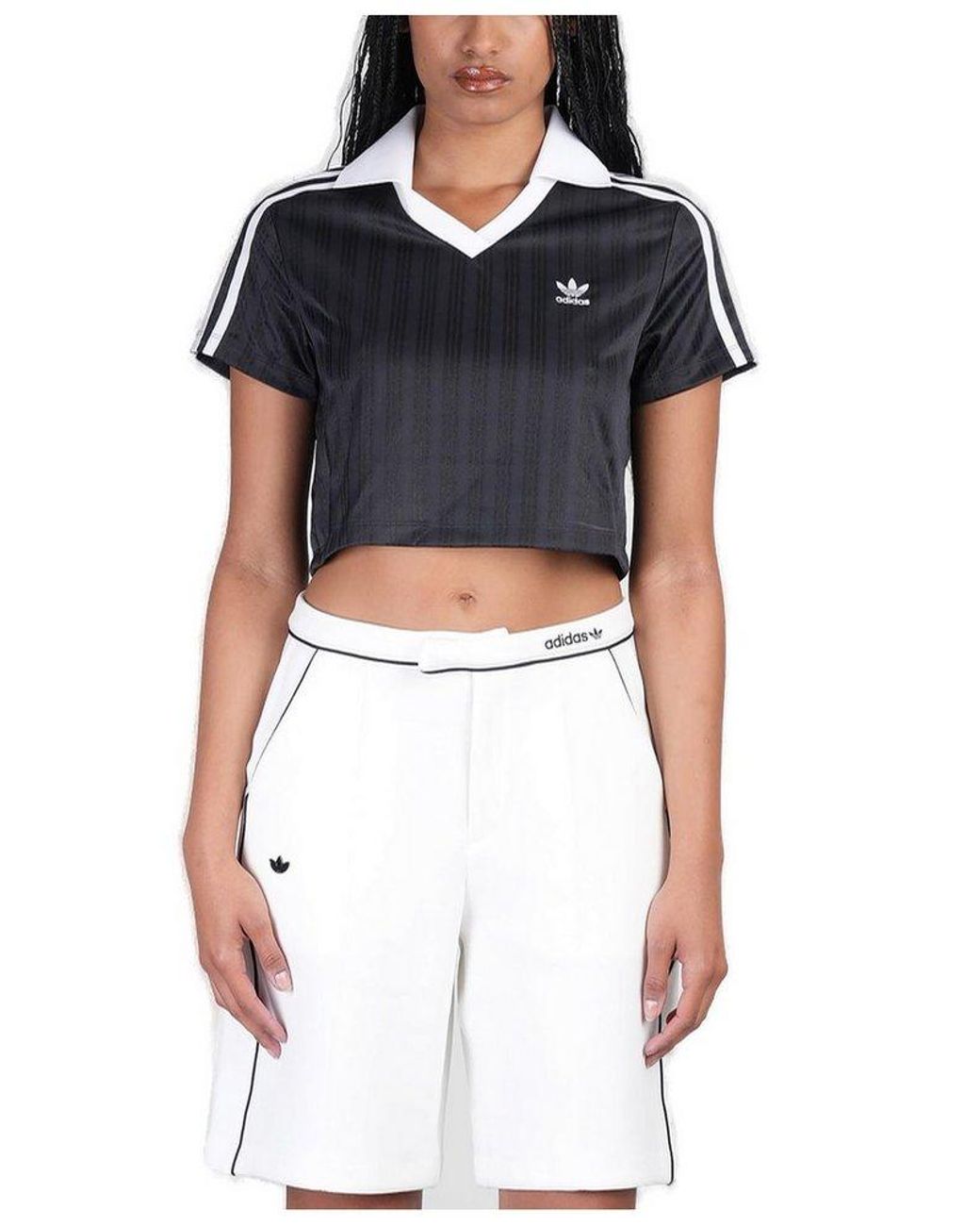 ★ adidas★ Football Jacquard V-Neck Crop Polo Shirt White Adidas - Adicolor Football Jacquard V-Neck Polo in White – Stoy