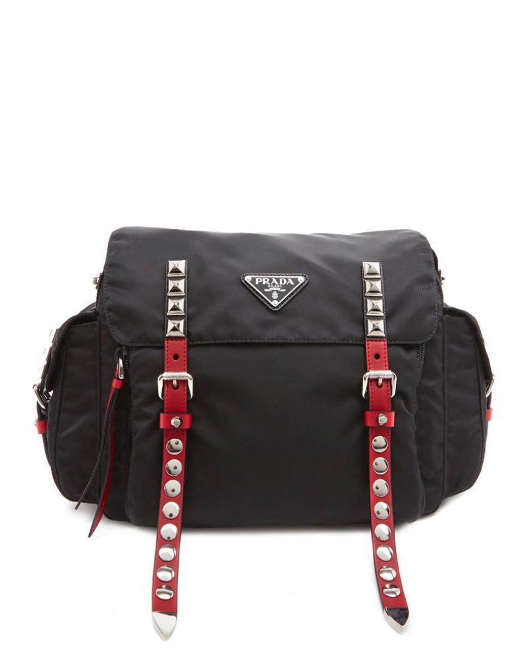Prada New Vela Studded Messenger Bag in Black | Lyst
