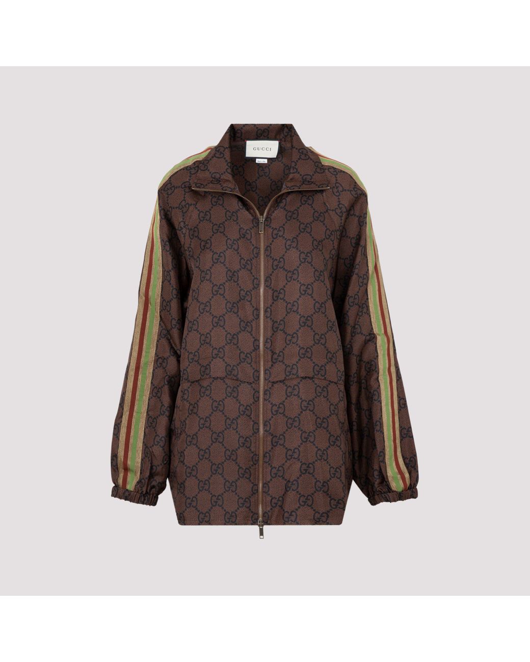 Gucci Silk GG Supreme Print Zip-up Jacket in Brown - Lyst