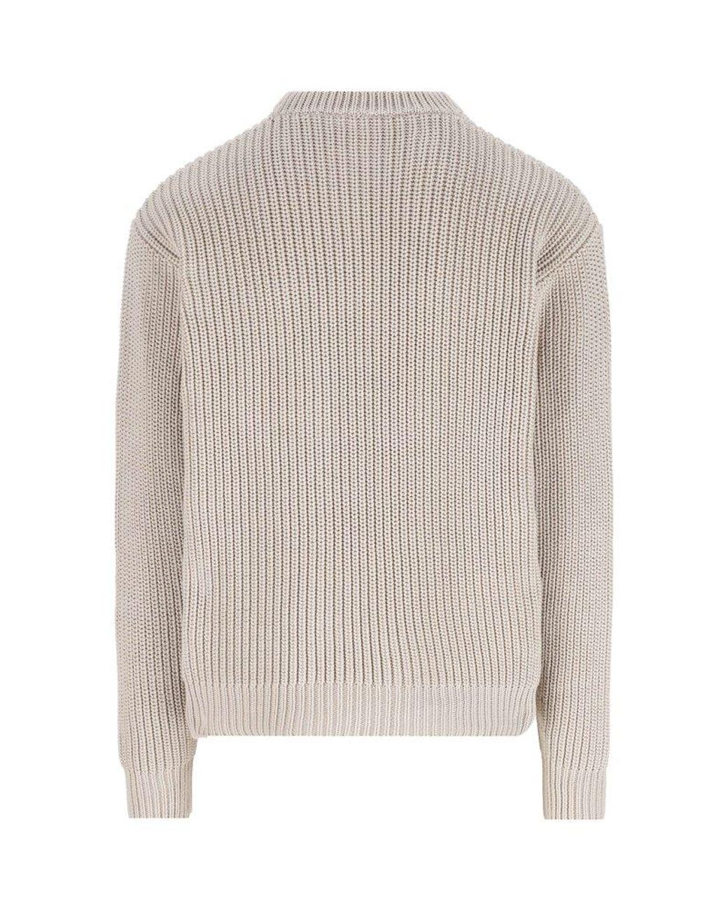 Prada Logo Intarsia-knitted Crewneck Jumper in Natural for