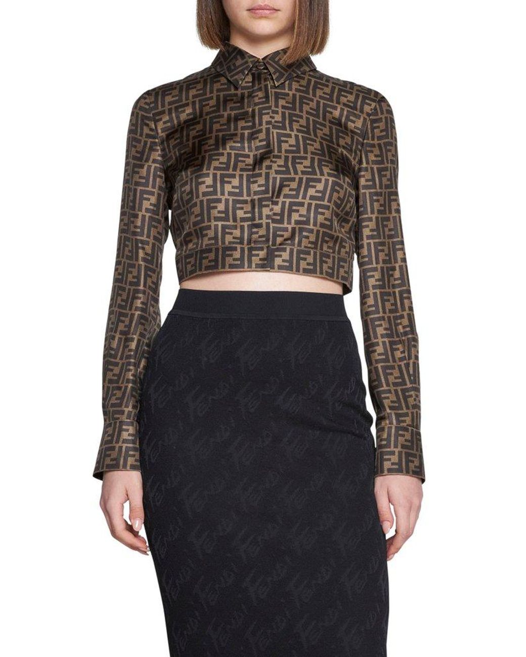 Fendi Ff Logo Monogram Cropped Shirt in Brown | Lyst