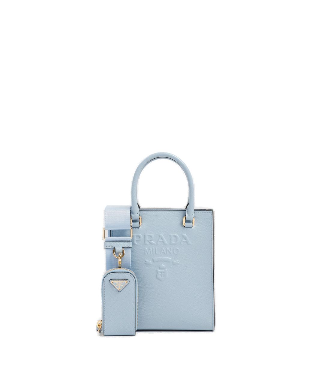 Prada Logo Embossed Small Tote Bag in Blue Lyst