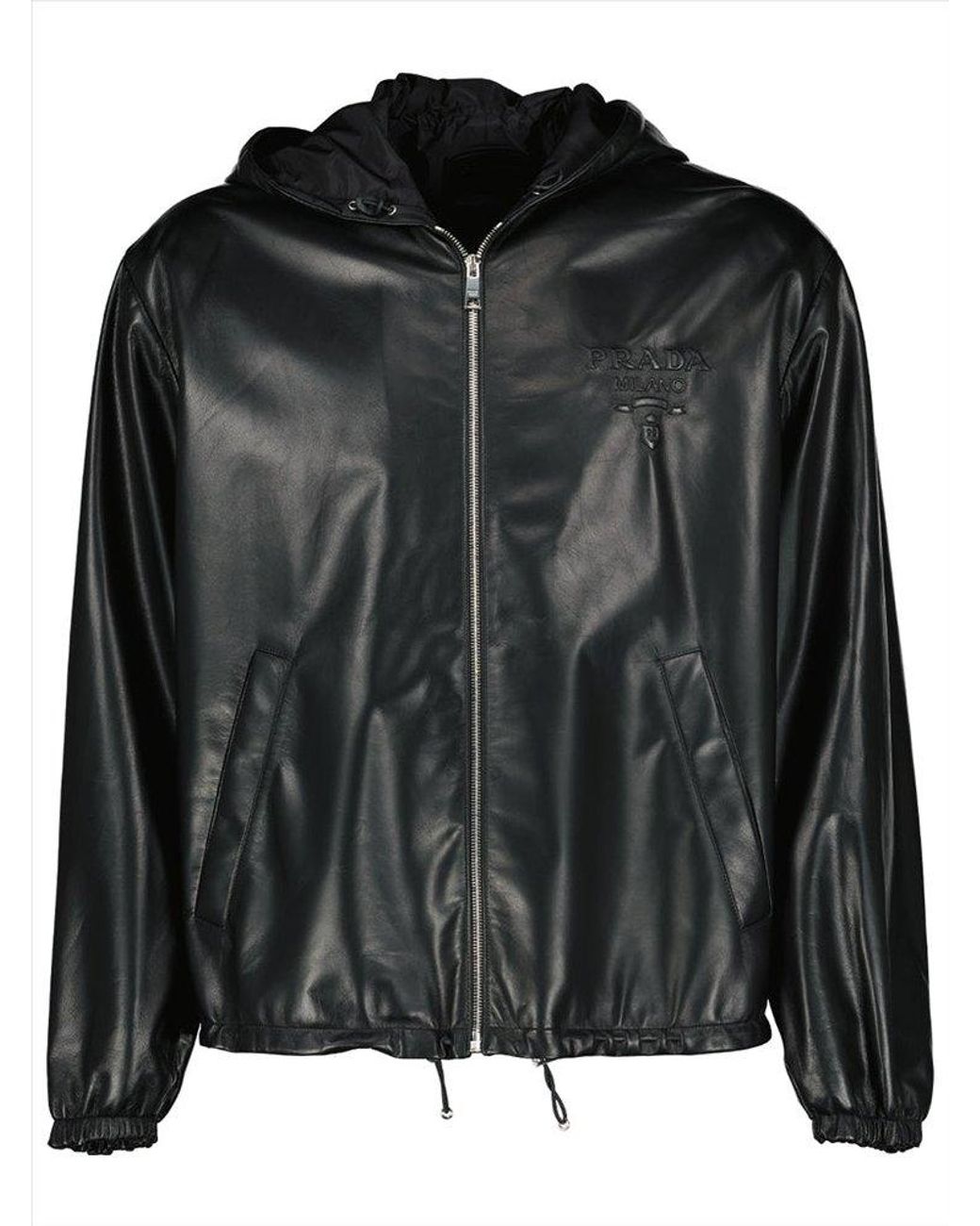 Prada Zip-Up Hooded Leather Jacket in Black | Lyst