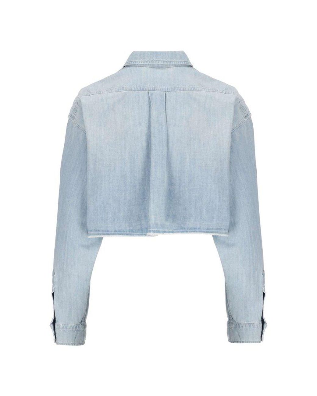 Miu Miu Chambray Logo Embroidered Cropped Denim Shirt in Miu Miu Chambray Logo Embroidered Cropped Denim Shirt in