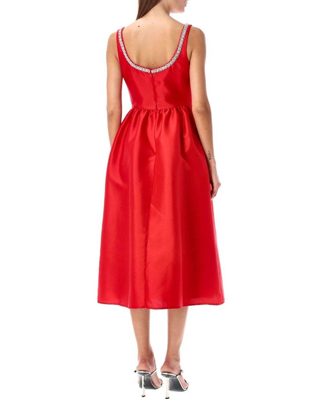 Self-Portrait Tafeta Diamante Midi Dress in Red | Lyst