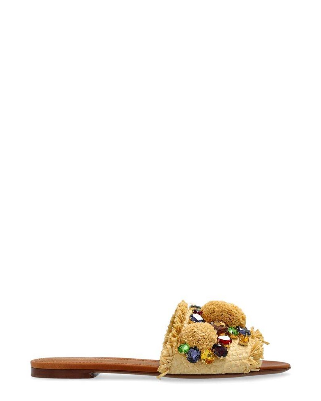 Dolce & Gabbana Embellished Raffia-Effect Slides in Brown