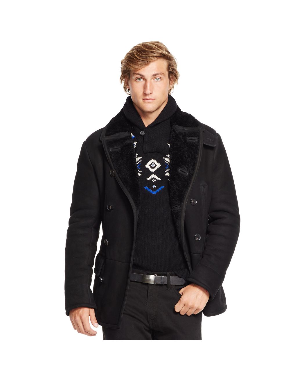 Polo Ralph Lauren Shearling Pea Coat in Black for Men | Lyst