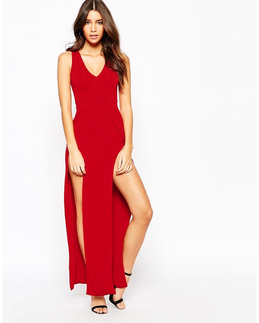 Naanaa Deep Plunge Sexy Maxi Dress With Double Thigh Split in Red | Lyst