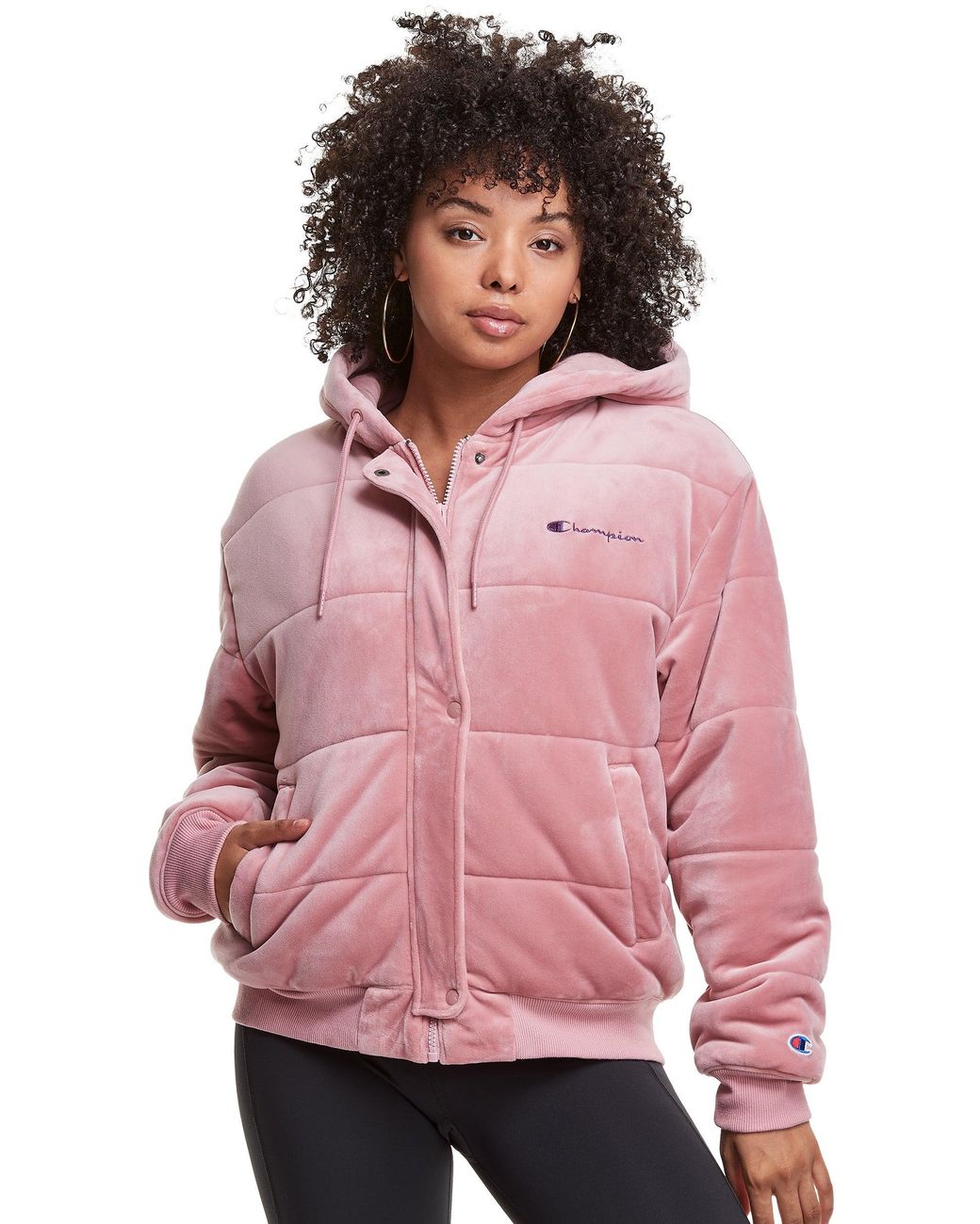Champion Velour Puffer Jacket in Pink | Lyst