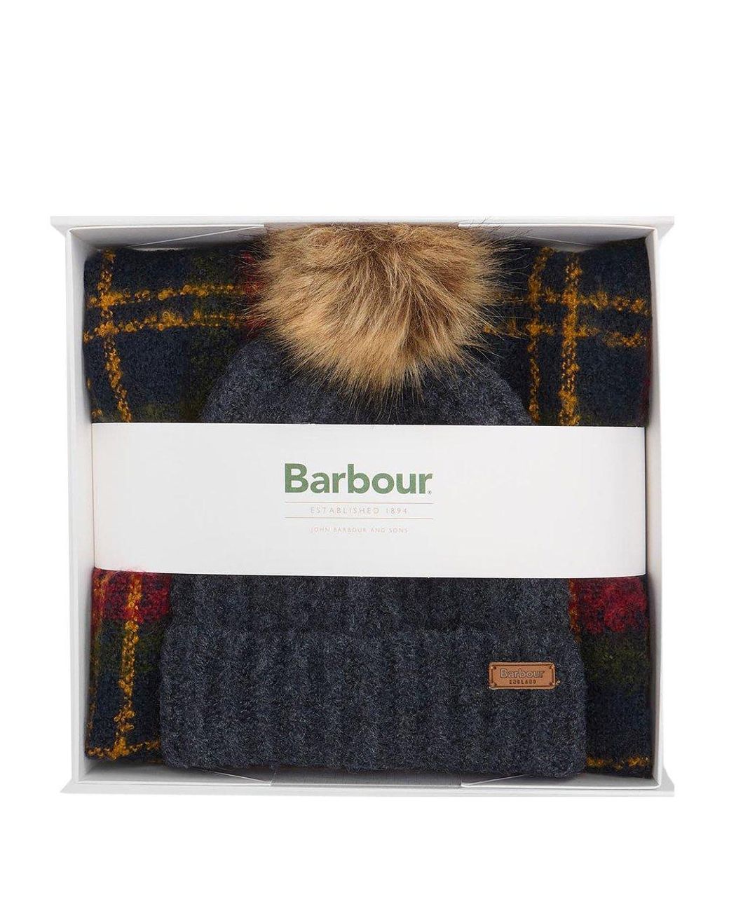 Barbour Green Saltburn Beanie &Amp; Tartan Scarf Set