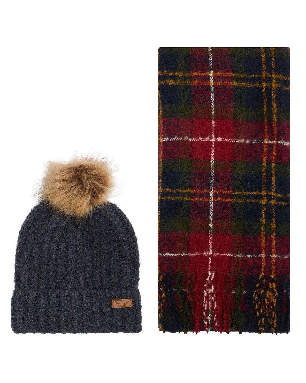 Barbour Green Saltburn Beanie &Amp; Tartan Scarf Set