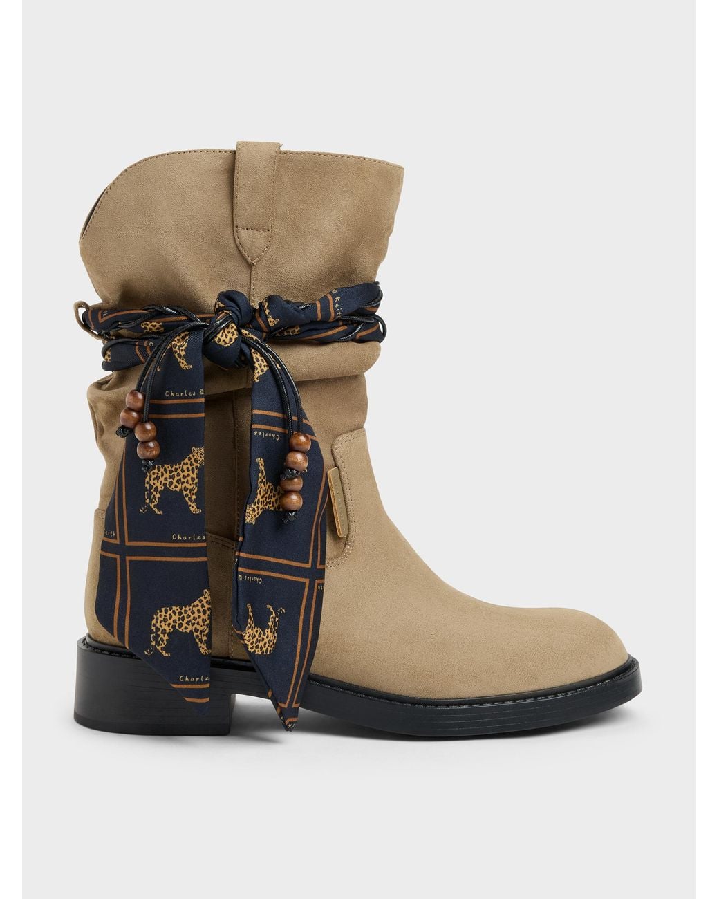 Charles & Keith Black Faux Suede Printed-Scarf Calf Boots