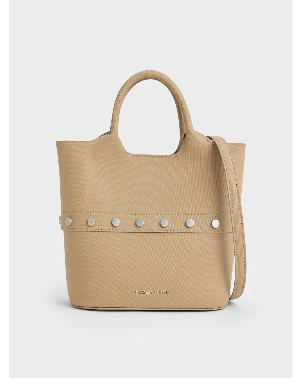 Charles & Keith Natural Bobbie Twill Studded Convertible Bucket Bag