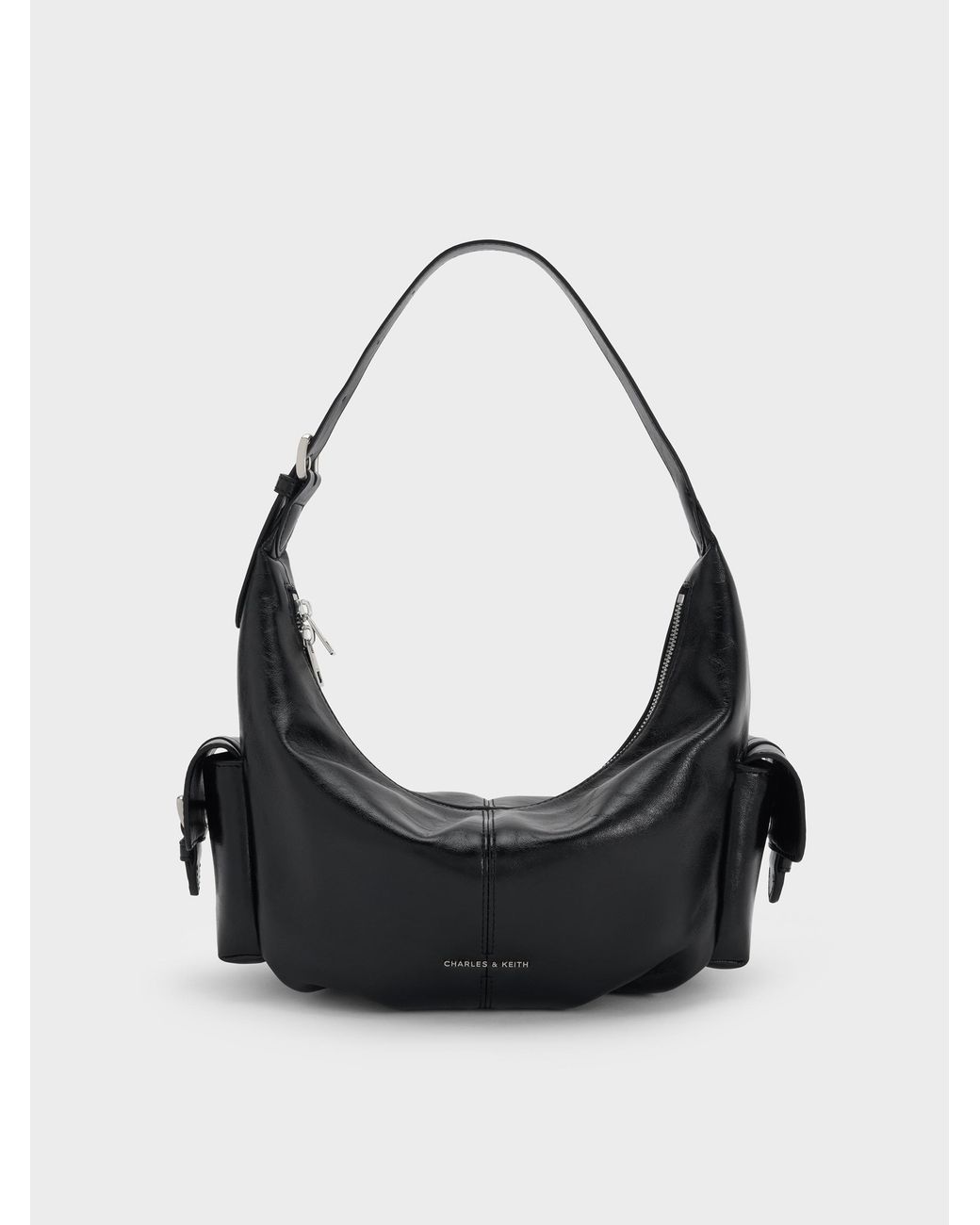 Charles & Keith Black Bessie Side-Pocket Hobo Bag