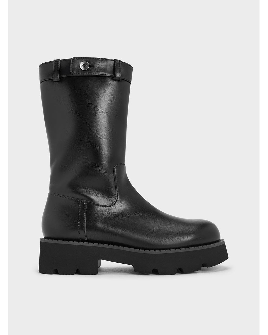 Charles & Keith Black Side-Zip Lug-Sole Calf Boots