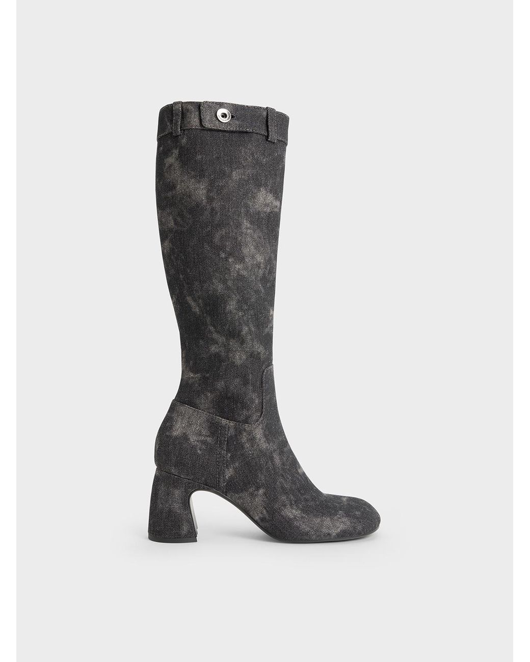 Charles & Keith Black Denim Block-Heel Knee-High Biker Boots