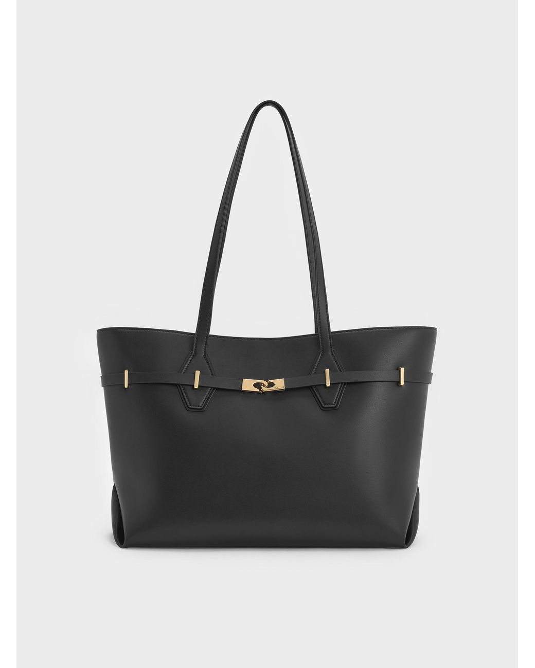Charles & Keith Black Arlet Double-Handle Belted Tote Bag