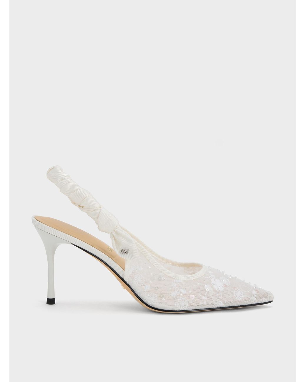 Charles & Keith White Tayari Embroidered-Mesh Slingback Pumps