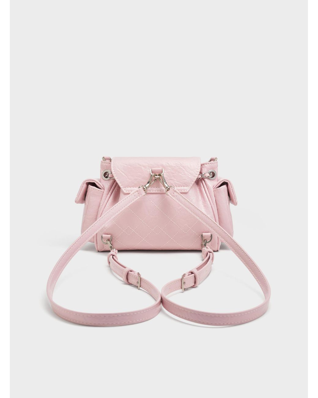 Charles & Keith Duo Quilted Two-Way Front Flap Backpack in Pink