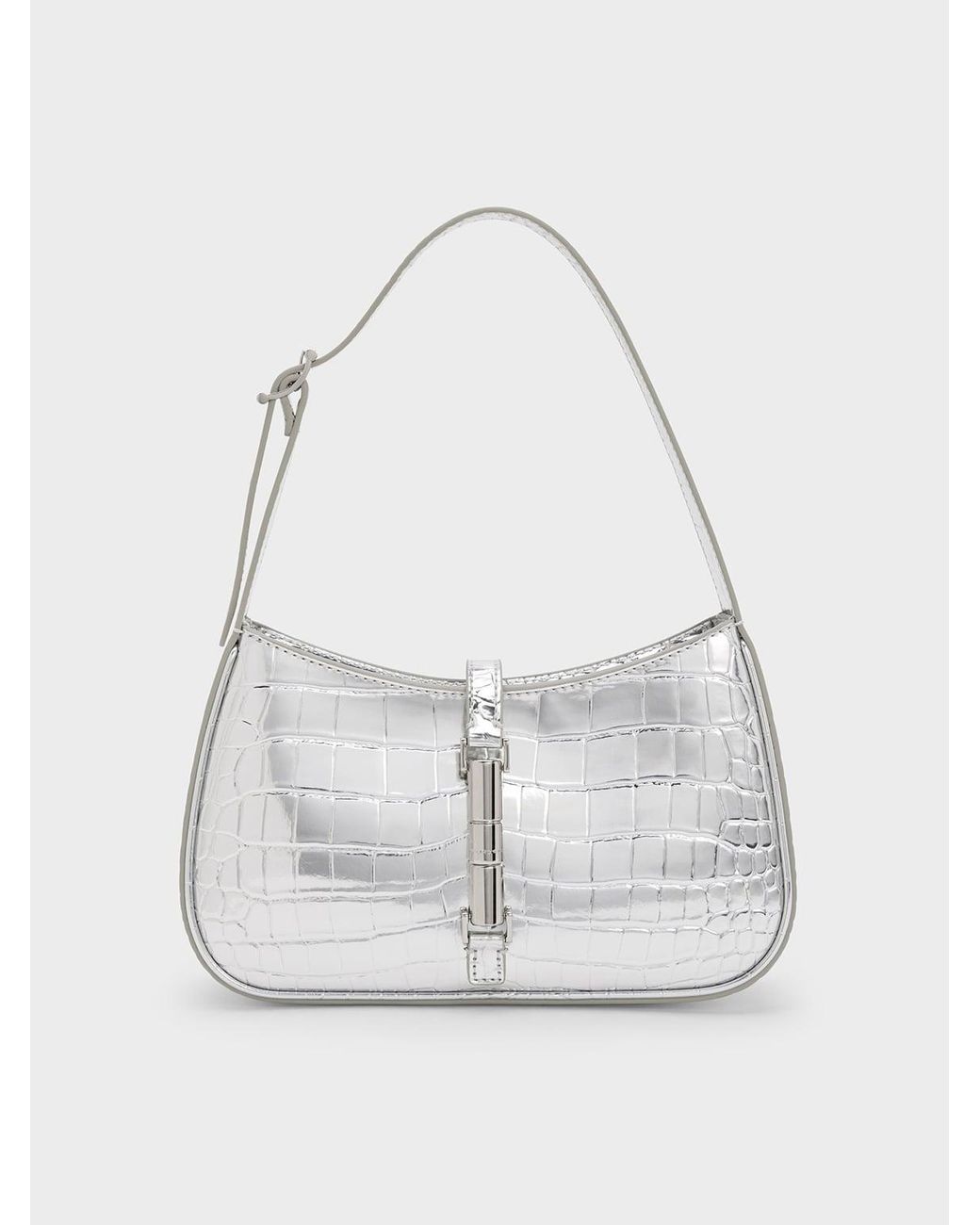 Charles & Keith White Cesia Croc-Effect Metallic-Accent Shoulder Bag
