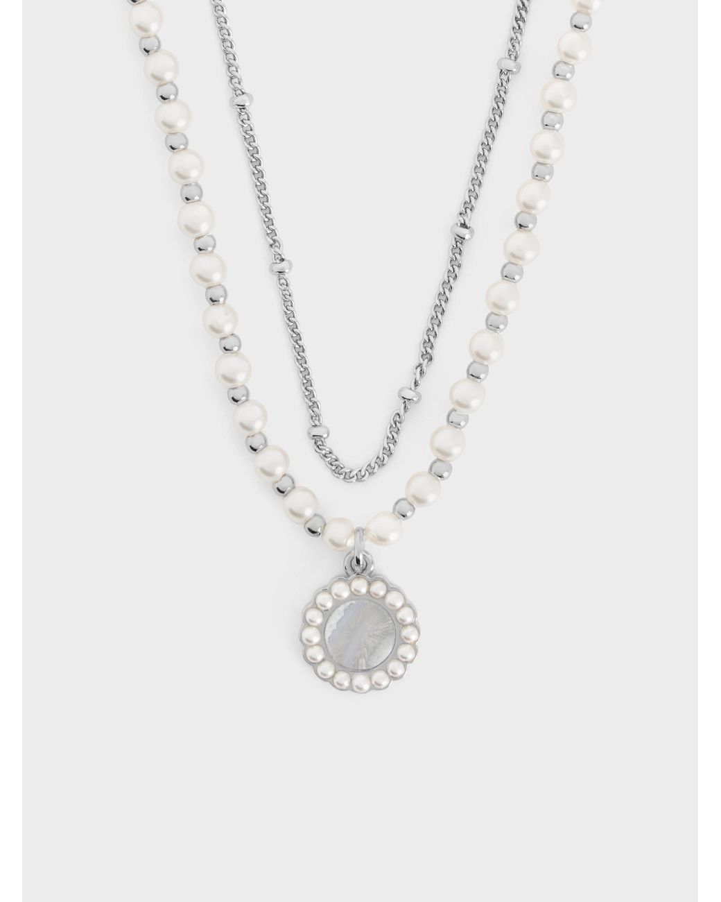 Charles & Keith White Pearl & Gemstone Double-Chain Necklace