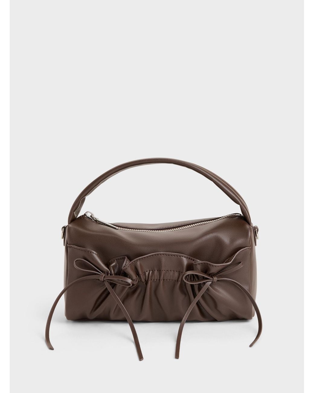 Charles & Keith Brown Reese Ruched Bow Top Handle Bag