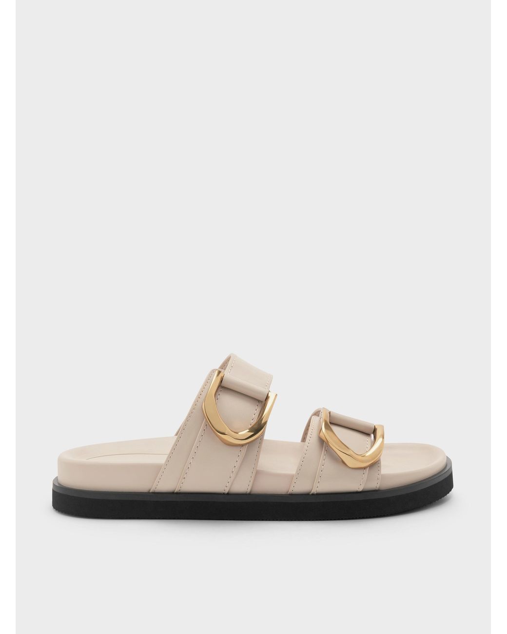Charles & Keith White Gabine-Buckle Leather Slides