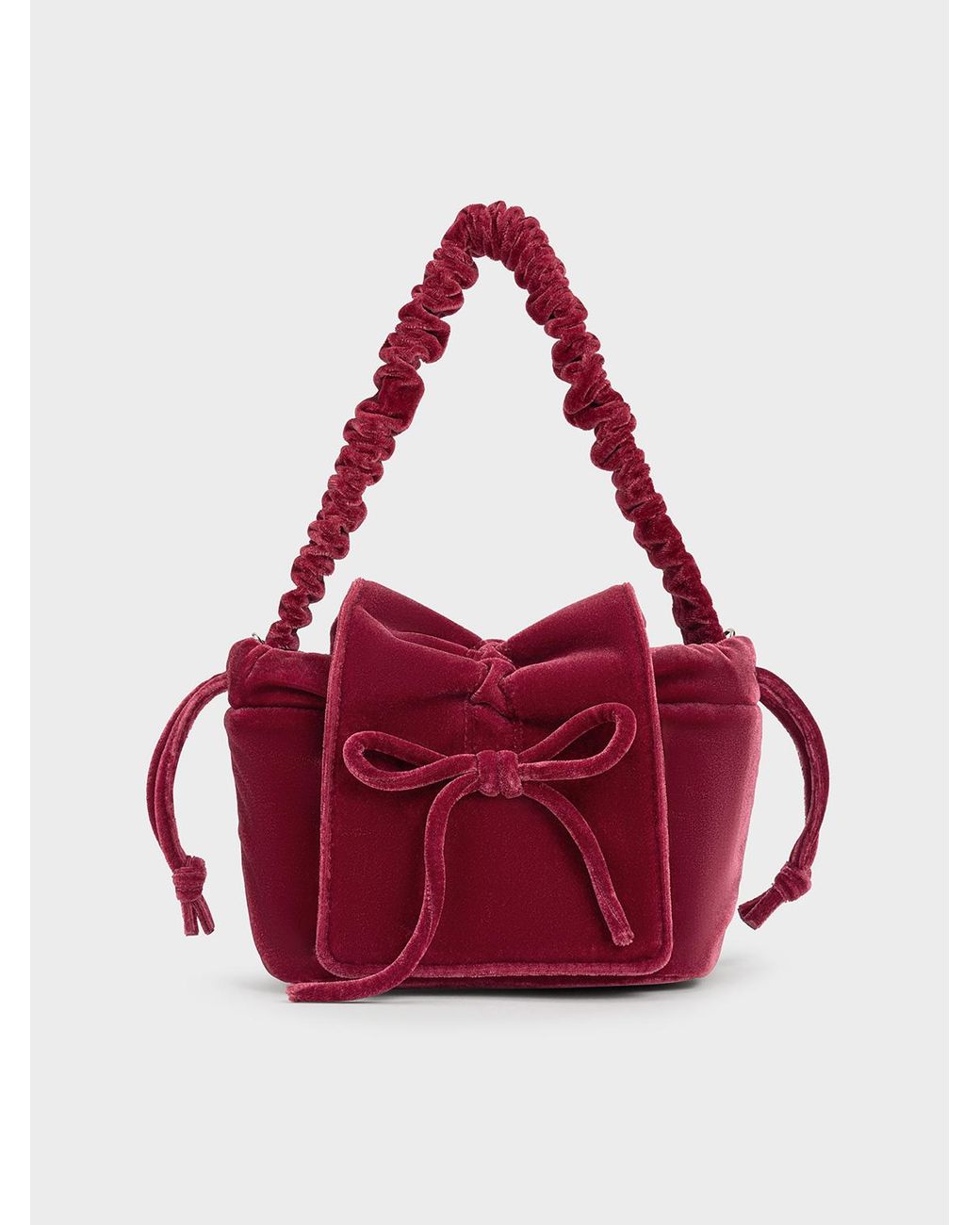 CHARLES&KEITH★Velvet DottedBow Ruched Top Handle Bag/送料込 ベルベットボウ ルーシュドトップハンドルバッグ - ブラック